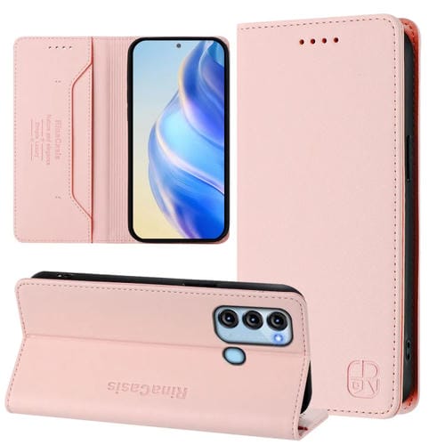 Funda de Cuero Rfid con Doble Pliegue y Succión Magnética para Teléfono Itel S17/S661W/Vision 3 Rc01 (Rosa)