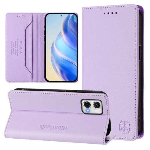 Funda de Cuero Rfid con Doble Pliegue y Succión Magnética para Motorola Moto G73 Rc01 (Morado Claro)