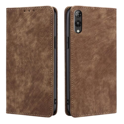 Funda de Cuero Magnética con Cepillo Antirrobo Rfid para Teléfono Rakuten Hand 5G (Marrón)