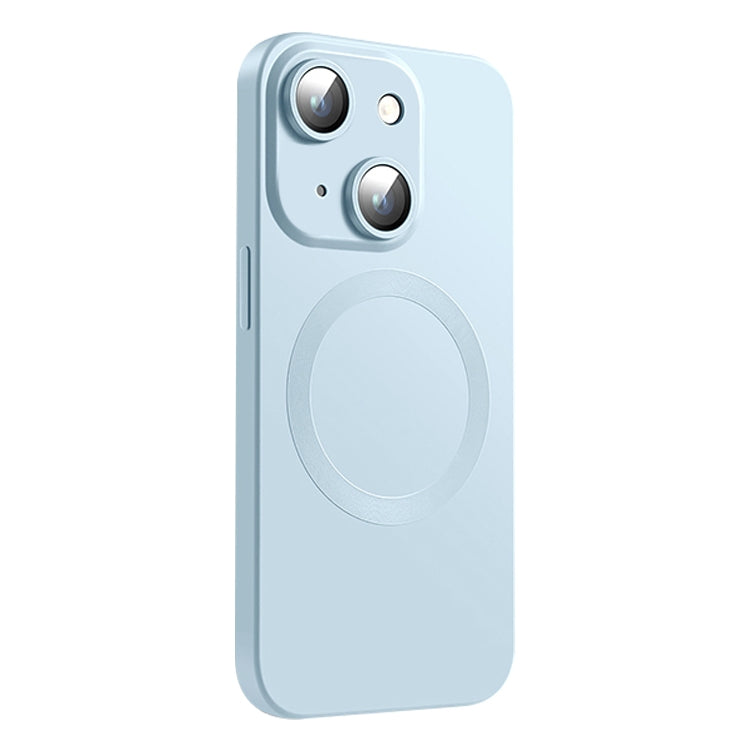 Funda de Silicona Líquida Magsafe para iPhone 15 Plus con Textura de Cd (Gris Claro y Azul)