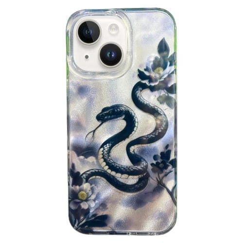 Funda de Teléfono TPU Doble Capa iPhone 15 Patrón Imd Serpiente Floral (Negra)