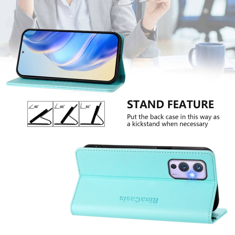Funda de Cuero con Doble Pliegue y Succión Magnética RFID para OnePlus 9 Rc01 (Verde Menta)