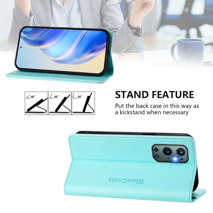 Funda de Cuero con Doble Pliegue Succión Magnética Rfid para OnePlus 9 Pro Rc01 (Verde Menta)