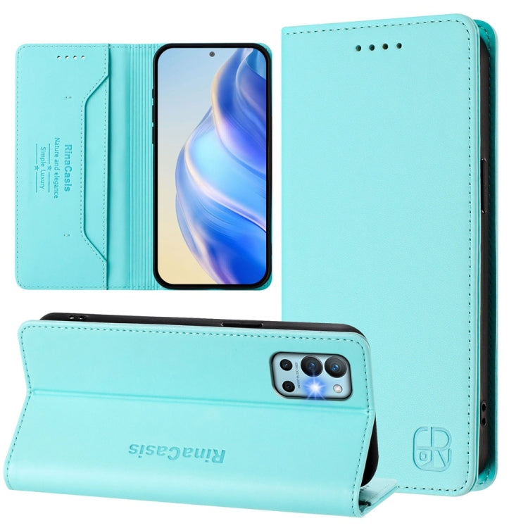 Funda de Cuero con Doble Pliegue y Succión Magnética para OnePlus 9R y 8T Rc01 (Verde Menta)