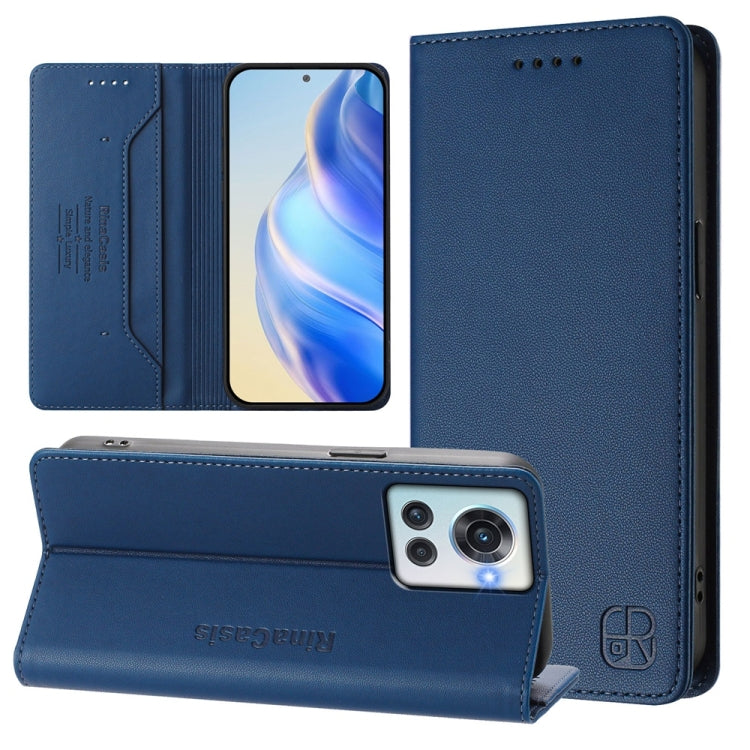 Funda de Cuero con Doble Pliegue y Succión Magnética RFID para OnePlus 10R OnePlus Ace Rc01 (Azul Oscuro)