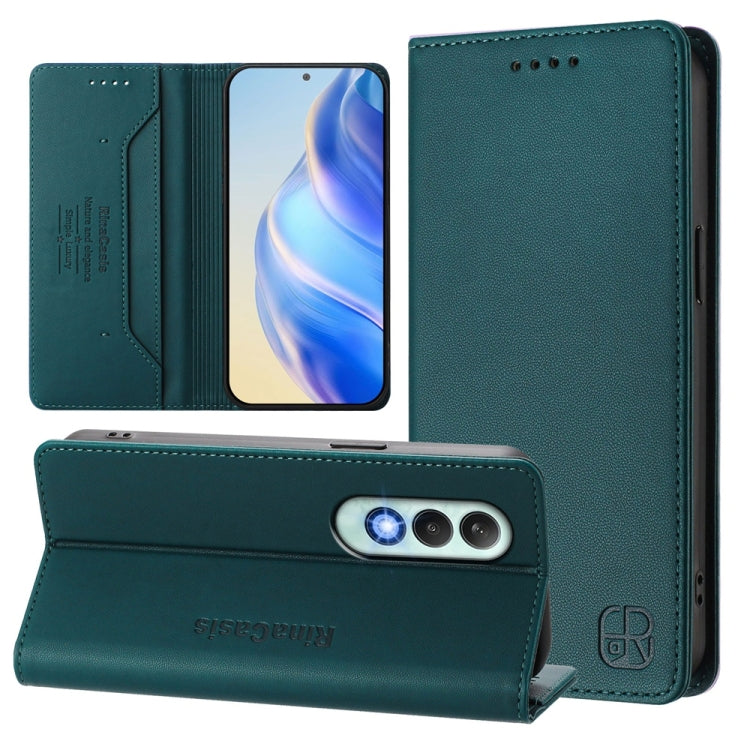 Funda de Cuero con Doble Pliegue y Succión Magnética RFID para OnePlus Nord CE4 RC01 (Verde Oscuro)