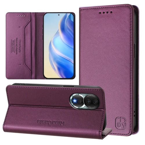 Funda de Cuero Rfid para Honor 80 Rc01 con Doble Pliegue y Succión Magnética (Violeta)