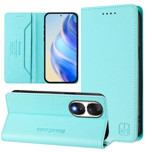 Funda de Cuero Rfid para Honor 90 Rc01 con Doble Pliegue y Succión Magnética (Verde Menta)