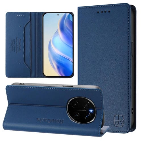 Funda de Cuero Rfid con Doble Pliegue y Succión Magnética para Honor Magic7 Rc01 (Azul Oscuro)