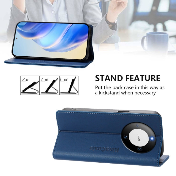 Funda de Cuero con Doble Pliegue y Succión Magnética RFID para Huawei Mate 60 Rc01 (Azul Oscuro)