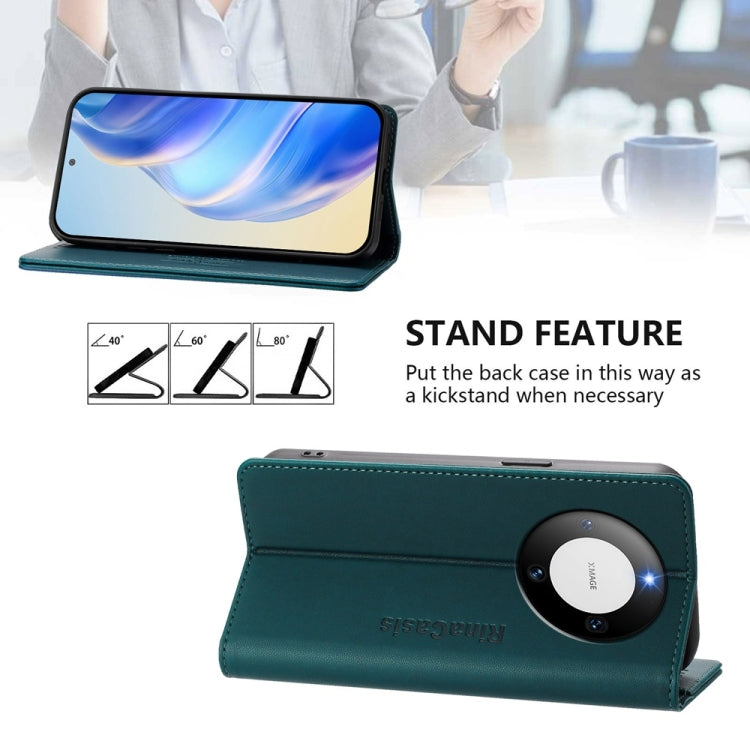 Funda de Cuero con Doble Pliegue y Succión Magnética RFID para Huawei Mate 60 Rc01 (Verde Oscuro)