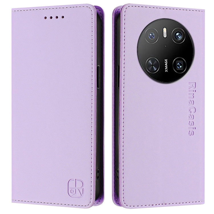 Funda de Cuero Huawei Mate 70 Rc01 con Doble Pliegue y Succión Magnética Rfid (Morado Claro)