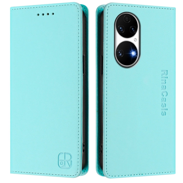 Funda de Cuero con Doble Pliegue y Succión Magnética Rfid para Huawei P50 Rc01 (Verde Menta)