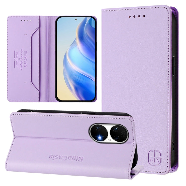 Funda de Cuero Huawei P50 Rc01 con Doble Pliegue y Succión Magnética Rfid (Morado Claro)