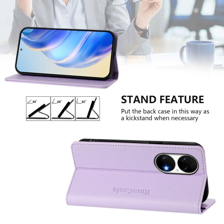Funda de Cuero Huawei P50 Rc01 con Doble Pliegue y Succión Magnética Rfid (Morado Claro)