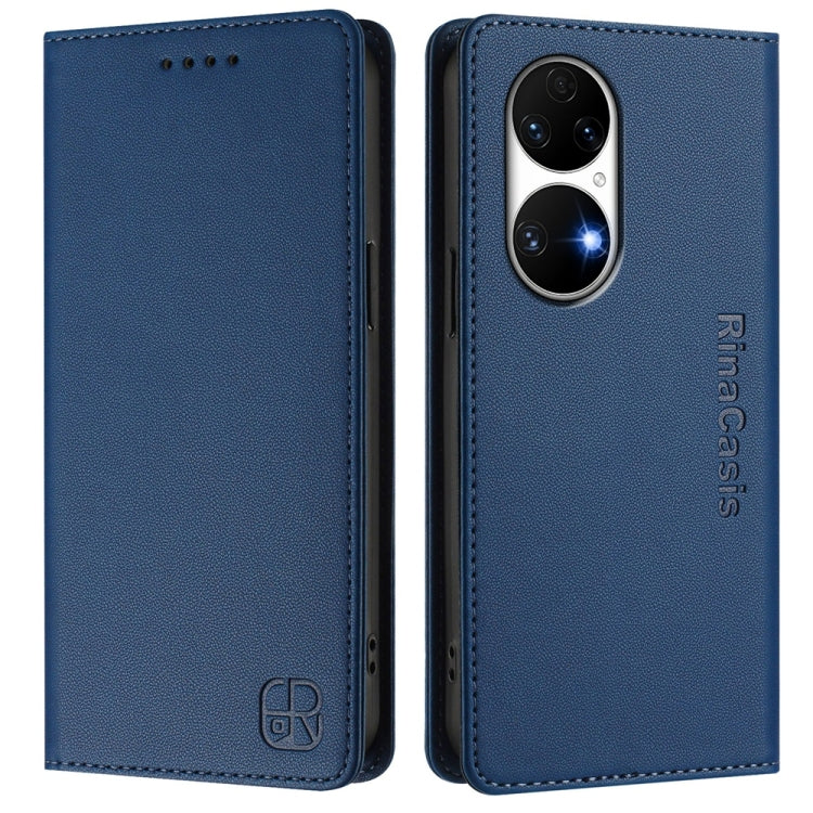 Funda de Cuero con Doble Pliegue y Succión Magnética Rfid para Huawei P50 Rc01 (Azul Oscuro)