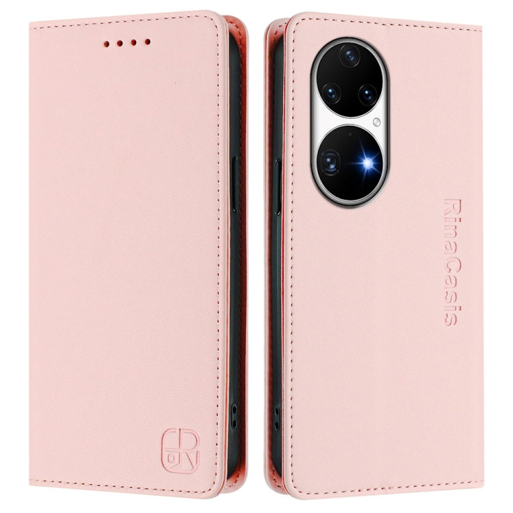 Funda de Cuero con Doble Pliegue y Succión Magnética para Huawei P50 Pro Rc01 (Rosa)