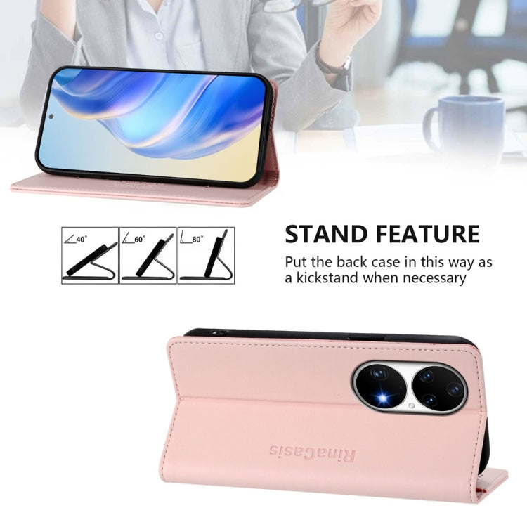 Funda de Cuero con Doble Pliegue y Succión Magnética para Huawei P50 Pro Rc01 (Rosa)