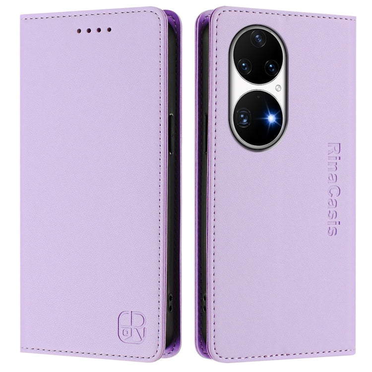 Funda de Cuero Huawei P50 Pro Rc01 con Doble Pliegue y Succión Magnética (Morado Claro)