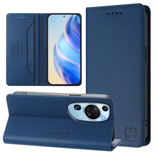 Funda de Cuero para Huawei P60 Art Rc01 con Doble Pliegue y Succión Magnética Rfid (Azul Oscuro)