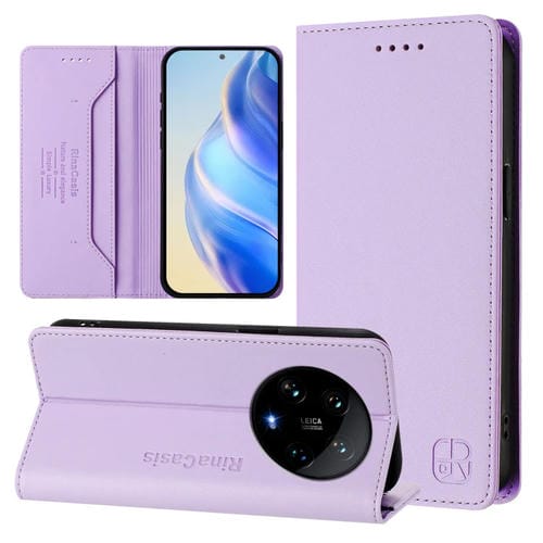 Funda De Cuero Con Doble Pliegue Y Succión Magnética Rfid Para Xiaomi 14 Ultra 5G Rc01 (Morado Claro)