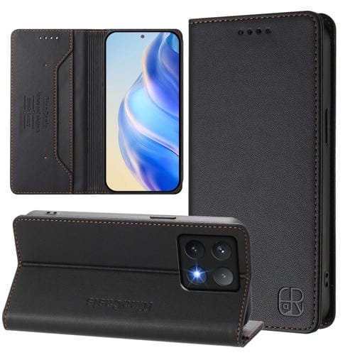 Funda De Cuero Con Doble Pliegue Y Succión Magnética Rfid Para Xiaomi 14T Pro Rc01 (Negra)