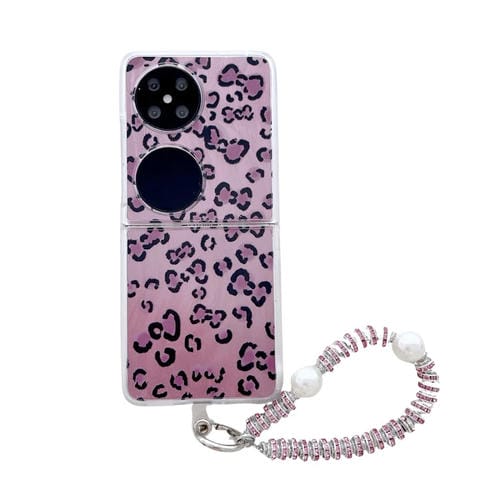 Funda para Teléfono Huawei Pocket 2 con Pulsera Integrada Diseño Leopardo y Plumas (Morado)