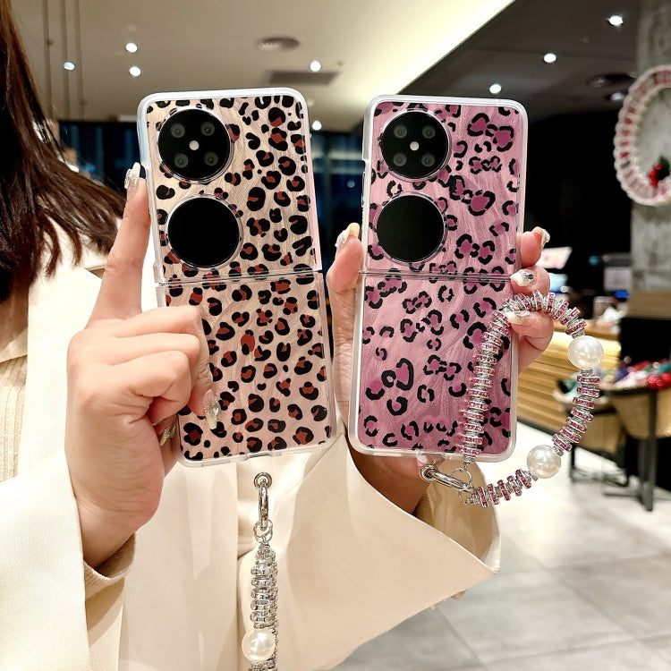Funda para Teléfono Huawei Pocket 2 con Pulsera Integrada Diseño Leopardo y Plumas (Morado)