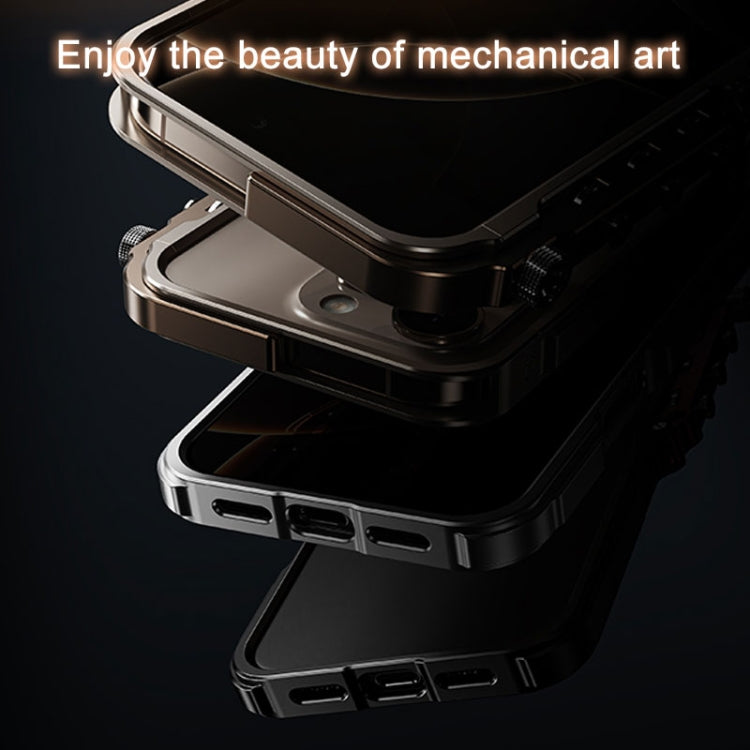Funda de teléfono para iPhone 15 Pro Max con marco de metal de aleación de aluminio y armadura mecánica (Negro)