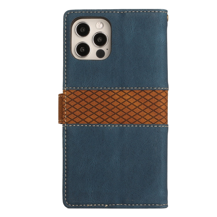 Funda de Cuero para iPhone 16 Pro Max con Costuras En Cuadrícula y Cordón (Azul)