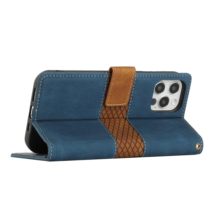 Funda de Cuero para iPhone 16 Pro Max con Costuras En Cuadrícula y Cordón (Azul)