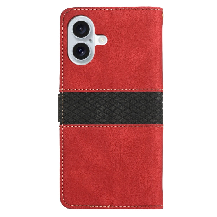 Funda de Cuero para iPhone 16 con Costuras en Cuadrícula y Cordón (Rojo)