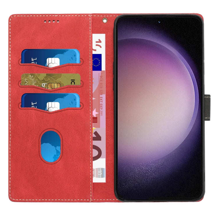 Funda de Cuero para iPhone 16 con Costuras en Cuadrícula y Cordón (Rojo)