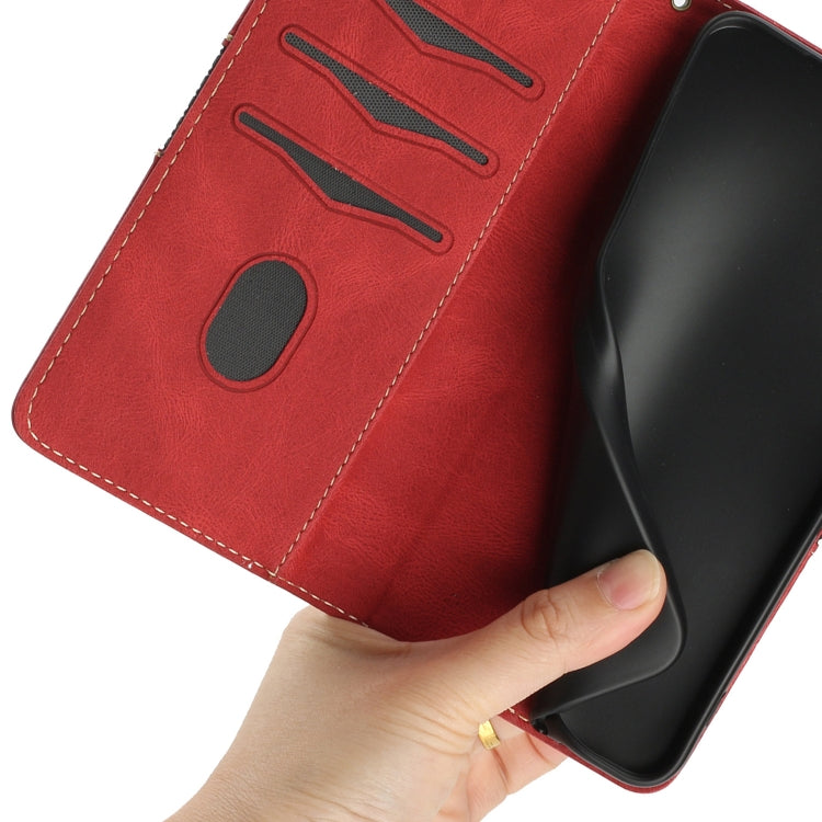 Funda de Cuero para iPhone 16 con Costuras en Cuadrícula y Cordón (Rojo)