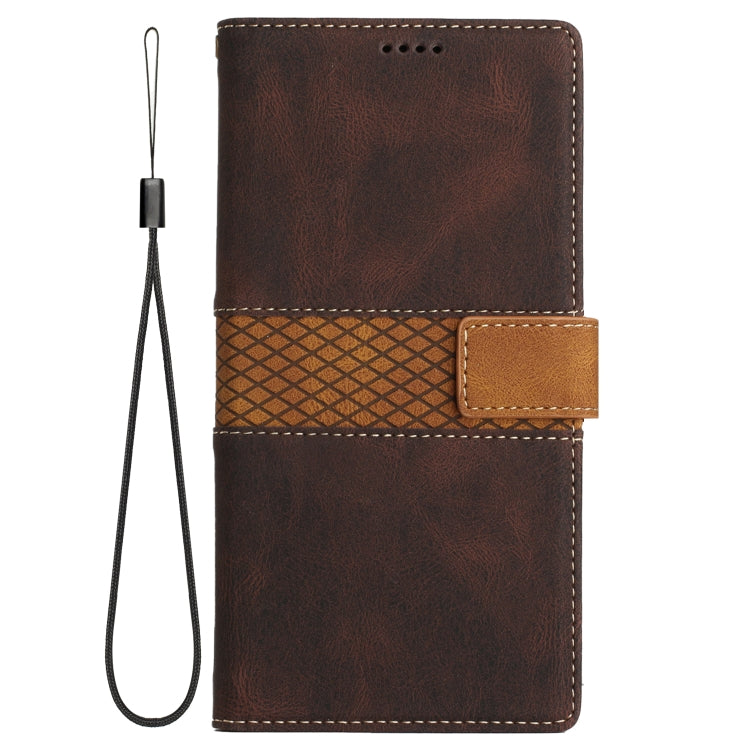 Funda de Cuero para iPhone 15 Pro Max con Costuras de Cuadrícula y Cordón (Marrón)