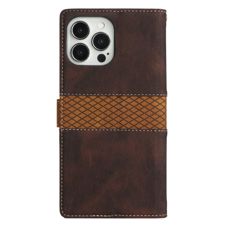 Funda de Cuero para iPhone 15 Pro Max con Costuras de Cuadrícula y Cordón (Marrón)