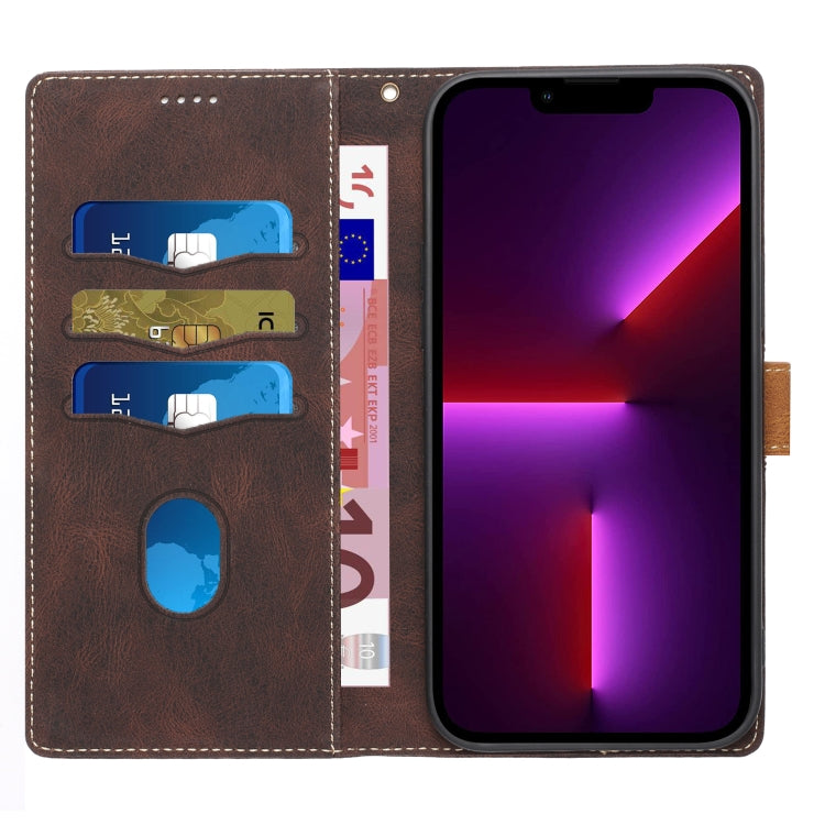 Funda de Cuero para iPhone 15 Pro Max con Costuras de Cuadrícula y Cordón (Marrón)