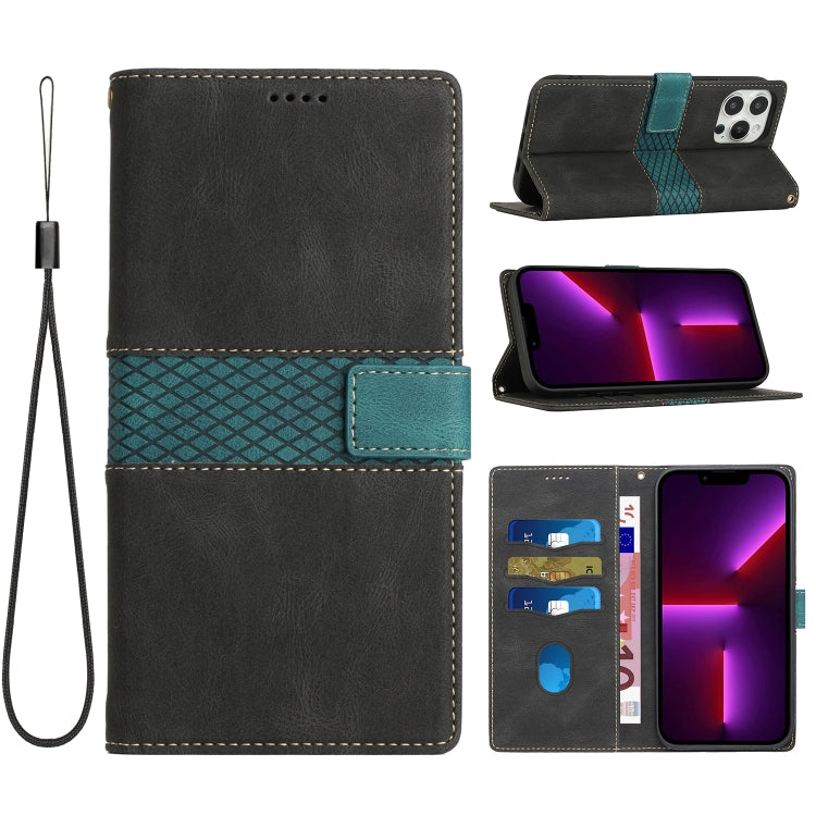 Funda de Cuero para iPhone 15 Pro Max con Costuras de Cuadrícula y Cordón (Negro)
