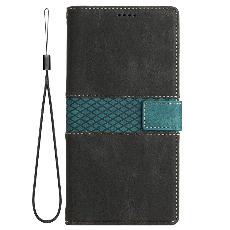 Funda de Cuero para iPhone 15 Pro Max con Costuras de Cuadrícula y Cordón (Negro)