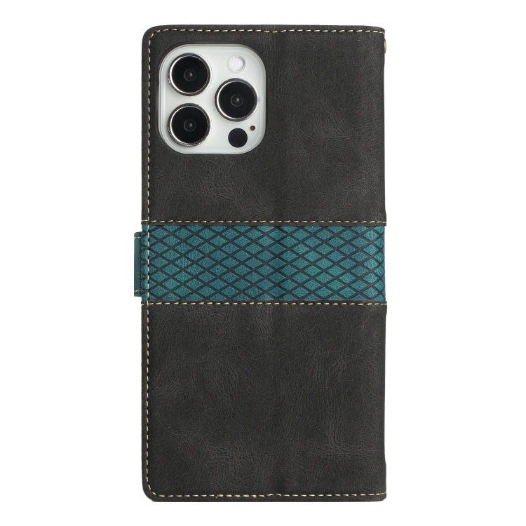 Funda de Cuero para iPhone 15 Pro Max con Costuras de Cuadrícula y Cordón (Negro)