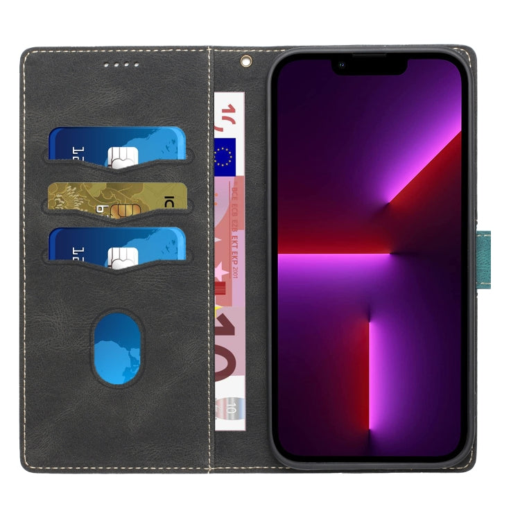 Funda de Cuero para iPhone 15 Pro Max con Costuras de Cuadrícula y Cordón (Negro)