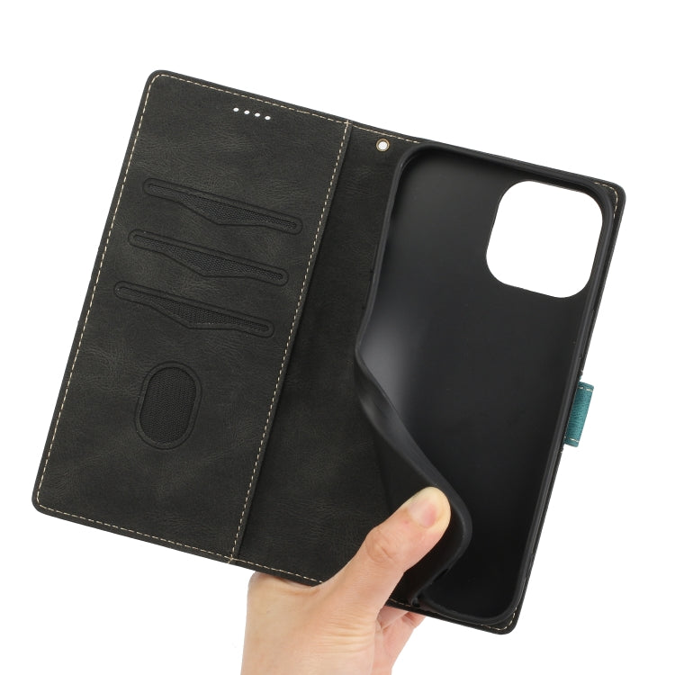 Funda de Cuero para iPhone 15 Pro Max con Costuras de Cuadrícula y Cordón (Negro)