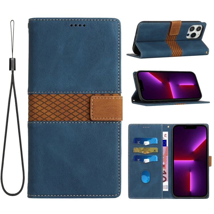 Funda de Cuero con Costuras de Cuadrícula para iPhone 15 Plus con Cordón (Azul)