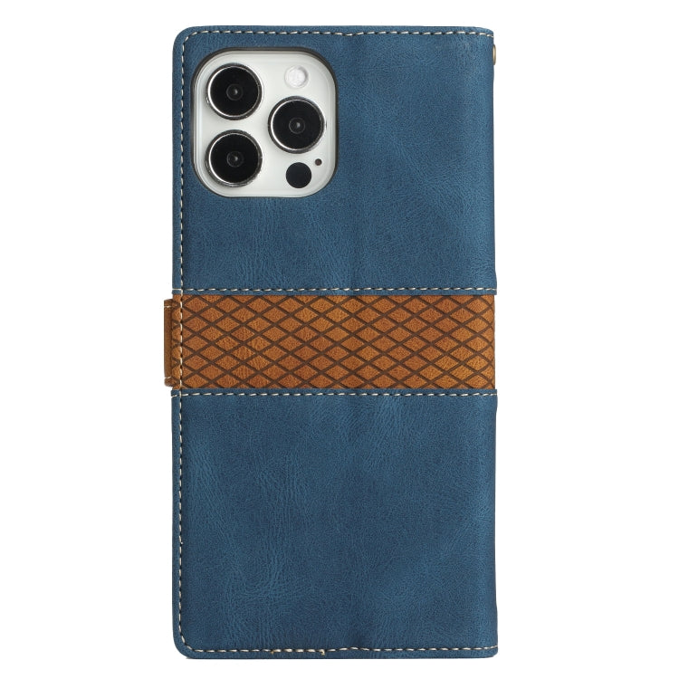 Funda de Cuero con Costuras de Cuadrícula para iPhone 15 Plus con Cordón (Azul)