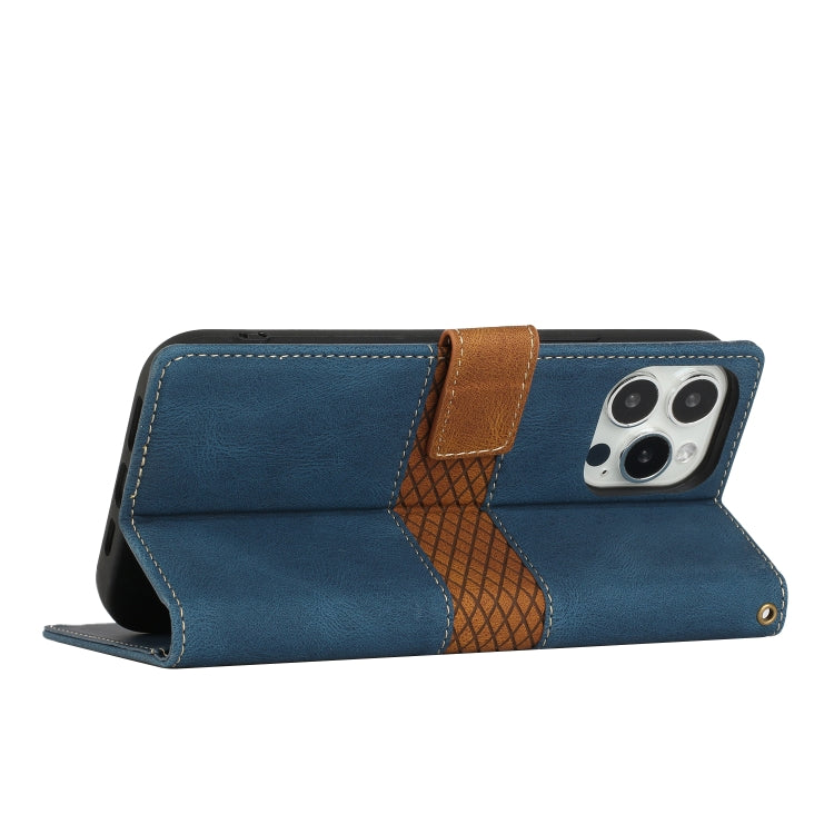 Funda de Cuero con Costuras de Cuadrícula para iPhone 15 Plus con Cordón (Azul)
