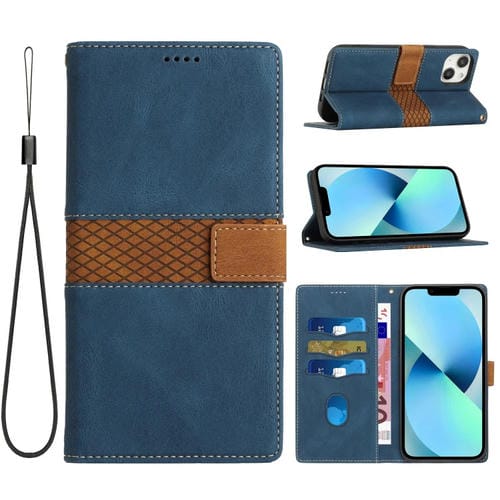 Funda de Cuero para iPhone 15 con Costuras de Cuadrícula y Cordón (Azul)