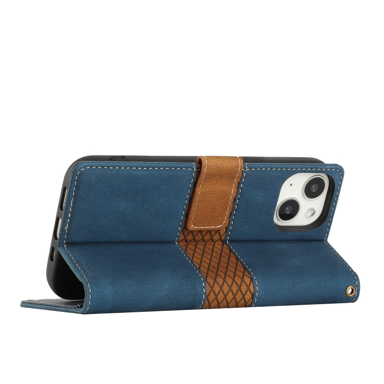 Funda de Cuero para iPhone 14 con Costuras de Cuadrícula y Cordón (Azul)