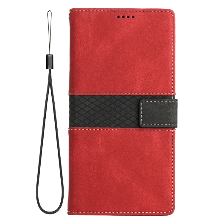 Funda de Cuero iPhone 14 Costuras de Cuadrícula con Cordón (Rojo)
