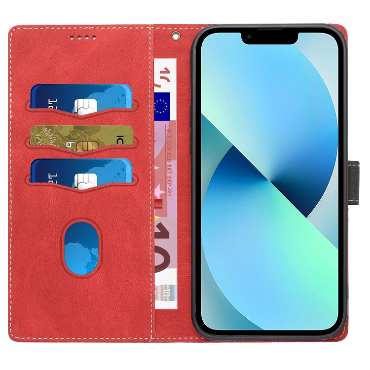 Funda de Cuero iPhone 14 Costuras de Cuadrícula con Cordón (Rojo)