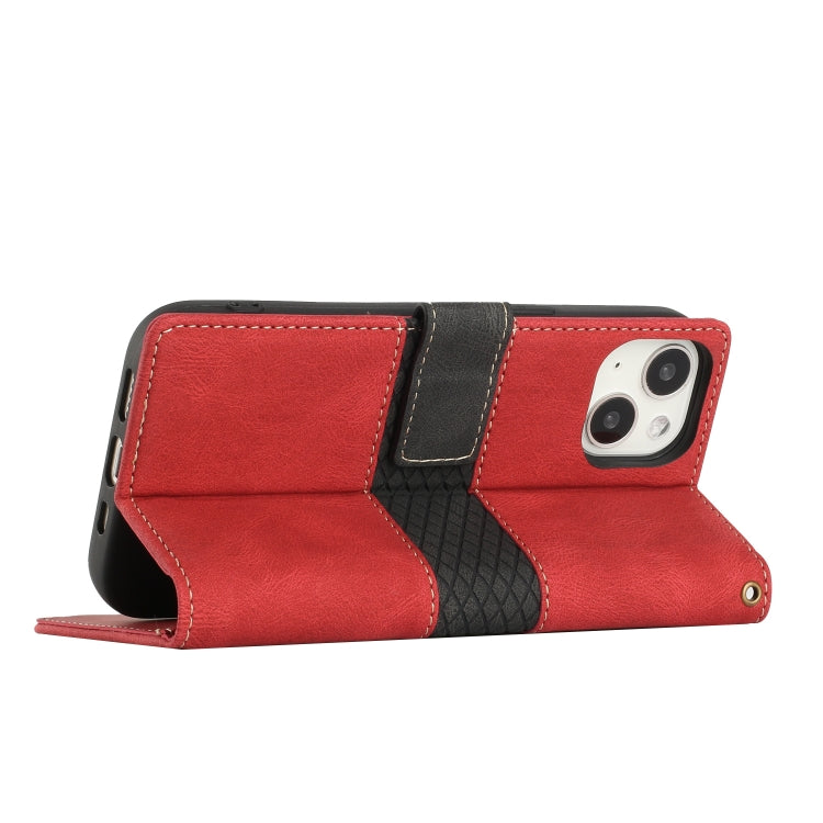 Funda de Cuero iPhone 14 Costuras de Cuadrícula con Cordón (Rojo)